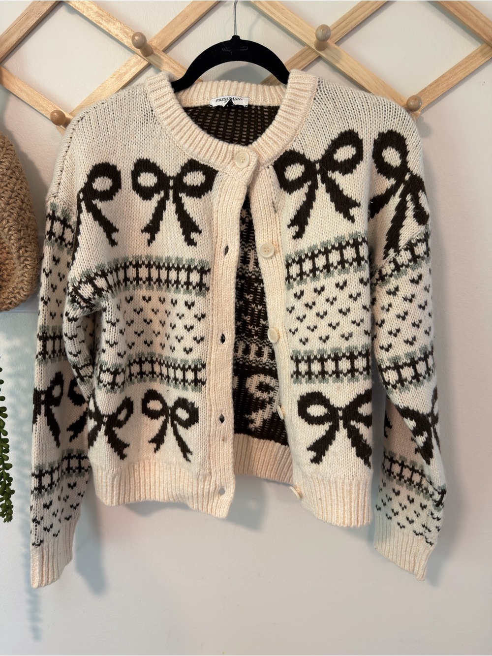 Freshman 1996 Bow Knit Cardigan Large Cream Brown